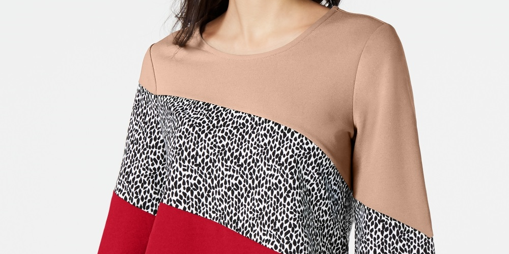Blusa feminina Alfani com estampa de blocos de cores e mangas amarradas, preta, tamanho pequeno G