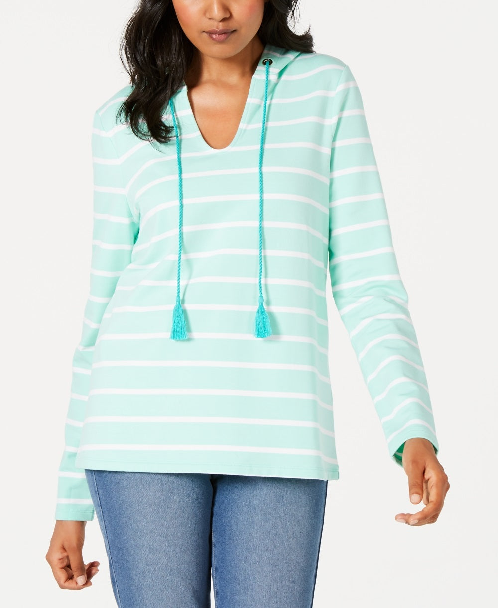 Moletom com capuz listrado e borlas feminino Charter Club, azul, tamanho extragrande