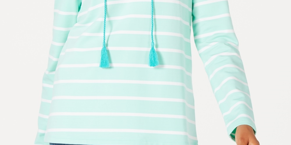 Moletom com capuz listrado e borlas feminino Charter Club, azul, tamanho extragrande