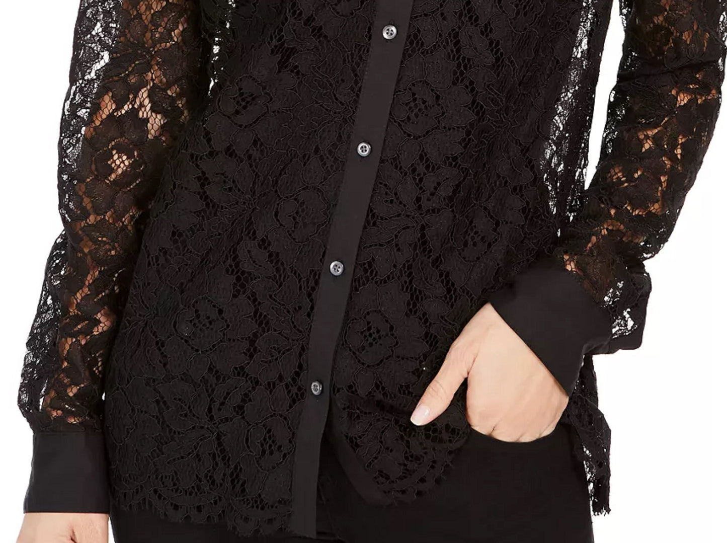 Blusa feminina Charter Club com botões e renda, preta, tamanho grande