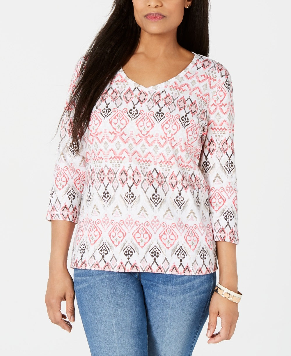 Blusa feminina estampada com decote em V Karen Scott, branca/rosa, tamanho grande