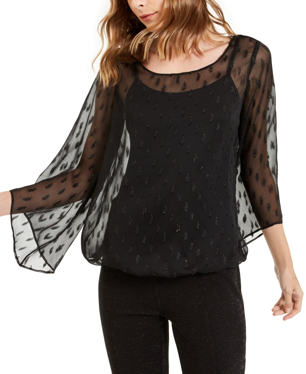 Blusa feminina Alfani com manga bufante e bainha preta, tamanho PXL