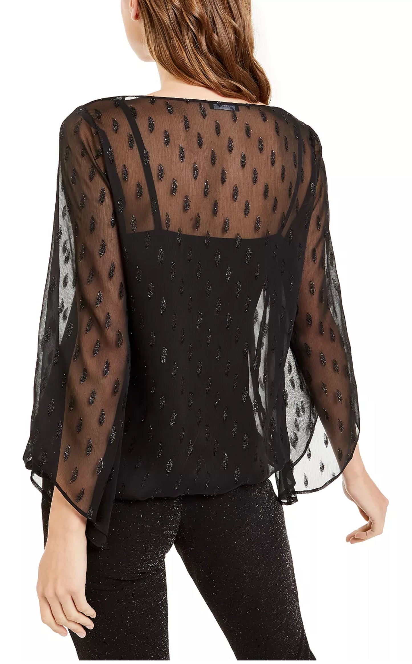 Blusa feminina Alfani com manga bufante e bainha preta, tamanho PXL