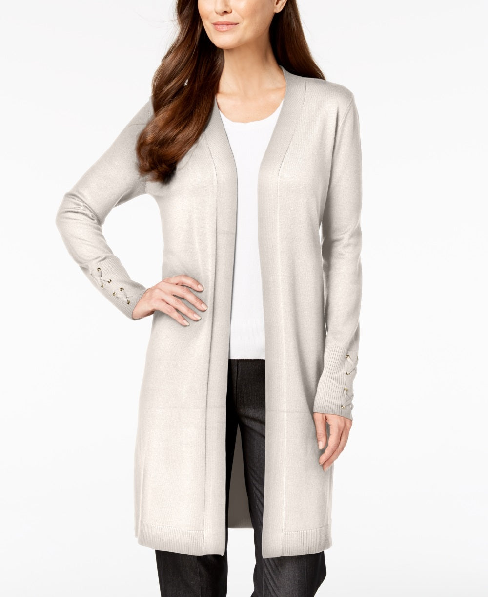 Cardigan feminino com mangas atadas e amarração JM Collection, cinza, tamanho pequeno