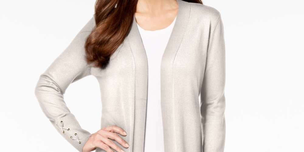 Cardigan feminino com mangas atadas e amarração JM Collection, cinza, tamanho pequeno