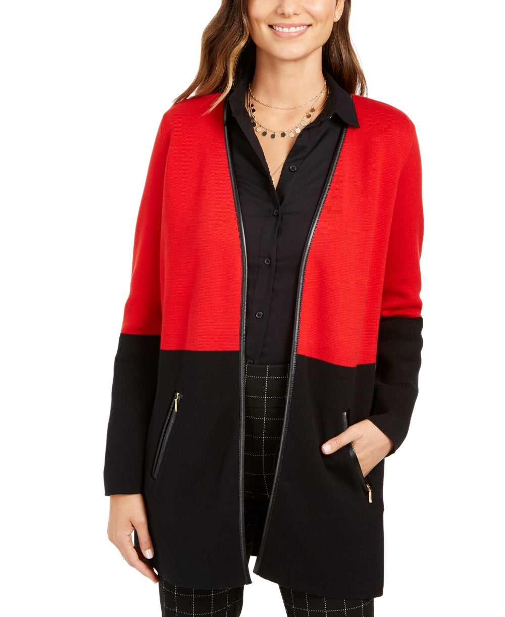Cardigan feminino Charter Club com acabamento em couro sintético e blocos de cores, vermelho, tamanho pequeno médio