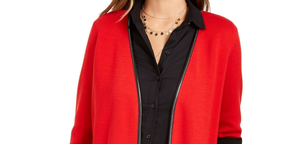 Cardigan feminino Charter Club com acabamento em couro sintético e blocos de cores, vermelho, tamanho pequeno médio
