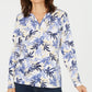 Karen Scott Blusa Feminina Estampada Gola Dividida Azul Marinho Tamanho Grande