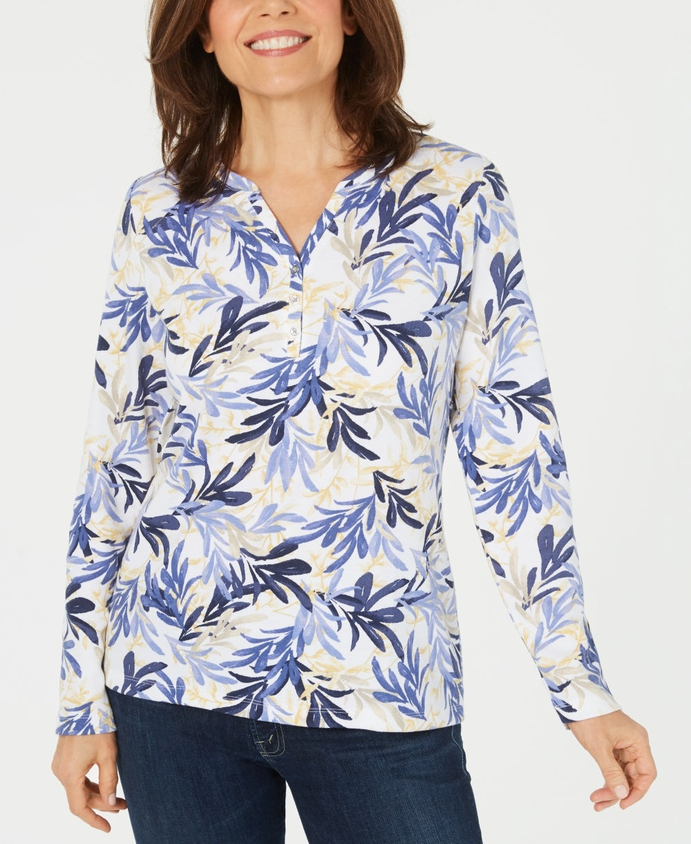 Karen Scott Blusa Feminina Estampada Gola Dividida Azul Marinho Tamanho Grande
