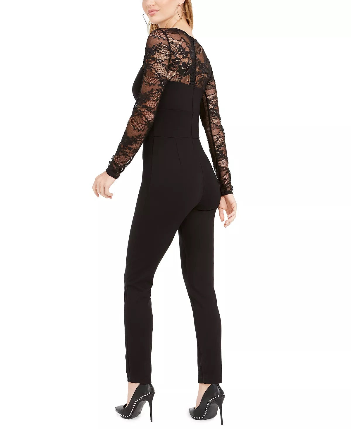 Macacão feminino GUESS com manga transparente e recorte, preto, tamanho médio