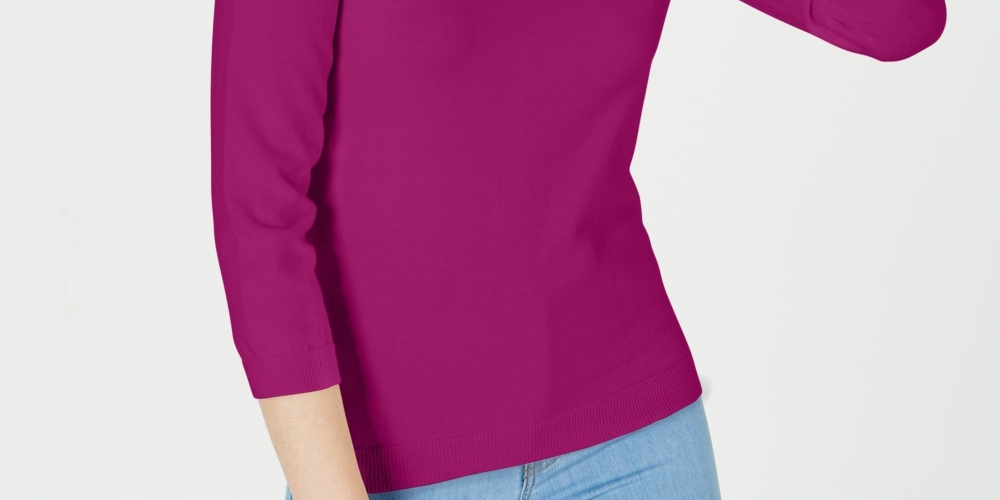 Suéter feminino Maison Jules com gola redonda e manga 3/4, rosa, tamanho médio