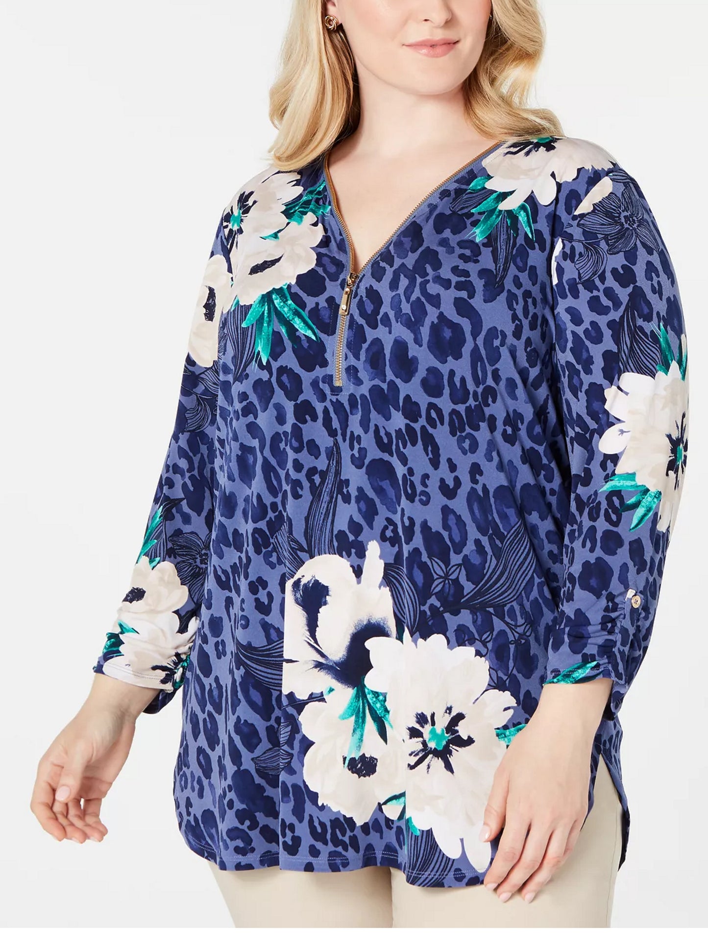 Túnica feminina plus size estampada com zíper e gola alta, tamanho 2X, azul, da coleção JM