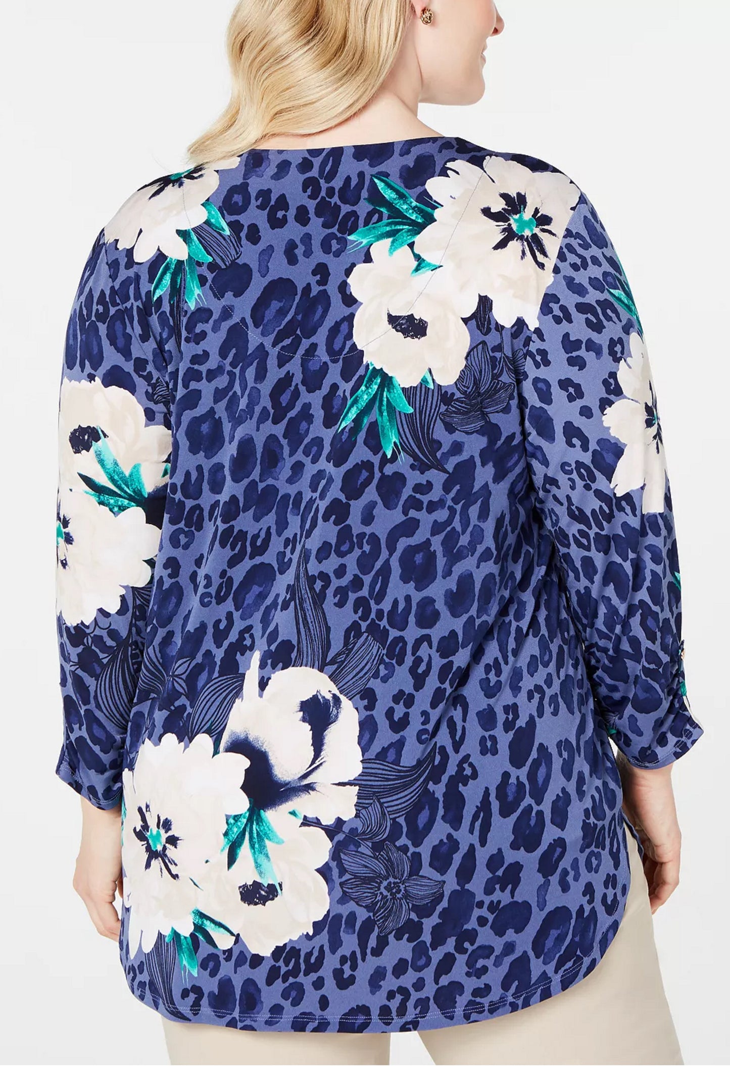 Túnica feminina plus size estampada com zíper e gola alta, tamanho 2X, azul, da coleção JM