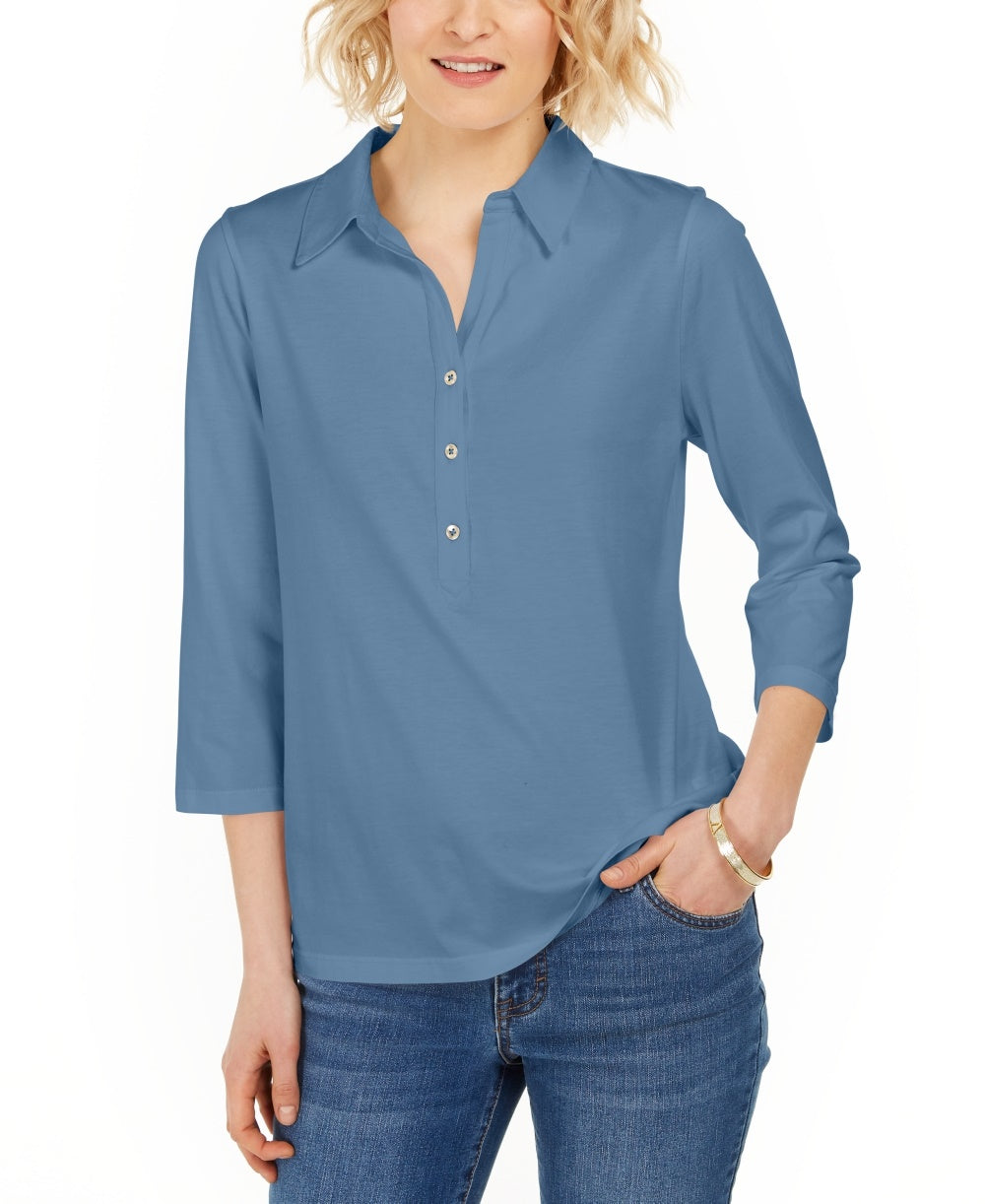 Camisa polo feminina Charter Club Supima Cotton manga 3/4 azul tamanho pequeno
