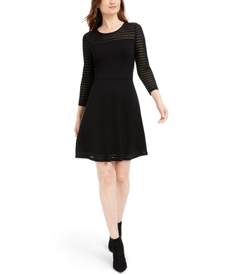 Vestido curto Calvin Klein feminino com decote redondo e manga 3/4, preto, tamanho PXS