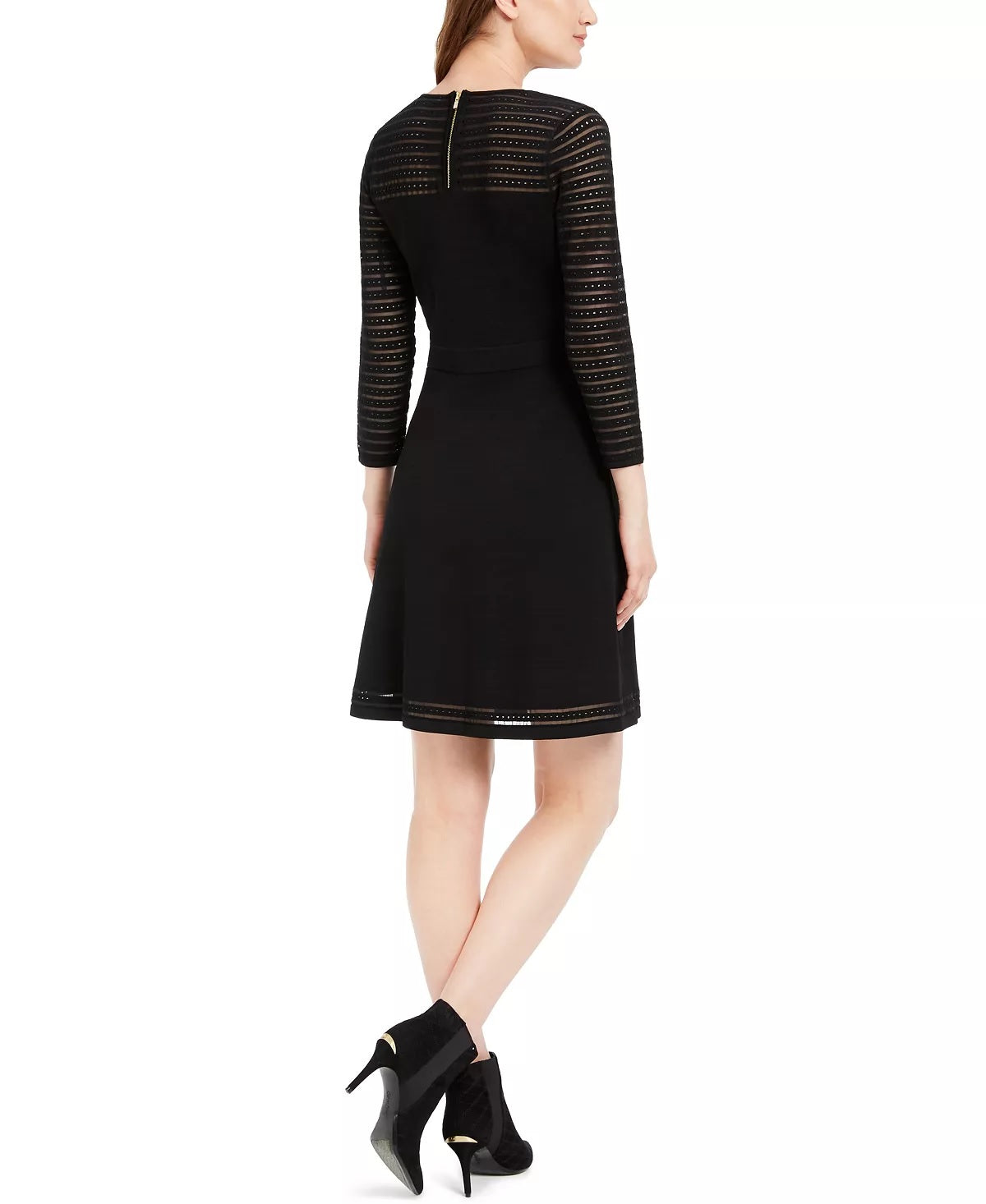 Vestido curto Calvin Klein feminino com decote redondo e manga 3/4, preto, tamanho PXS