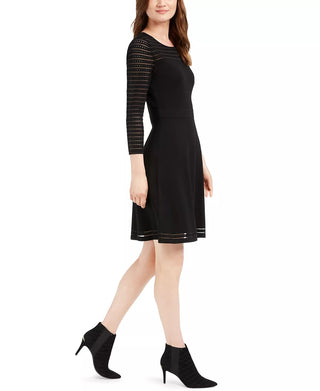 Vestido curto Calvin Klein feminino com decote redondo e manga 3/4, preto, tamanho PXS