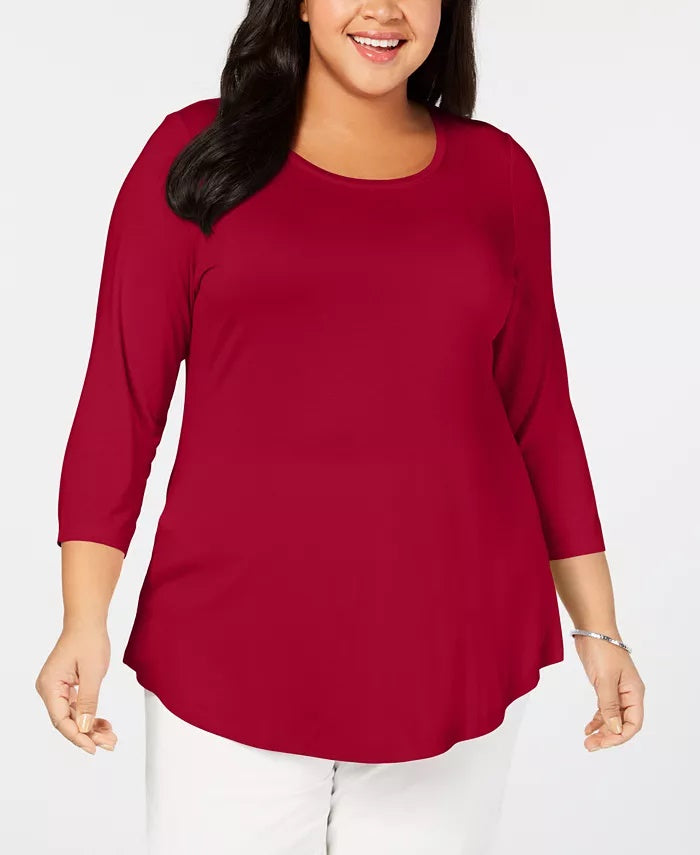 JM Collection Top feminino plus size com decote redondo, vinho, tamanho 2X