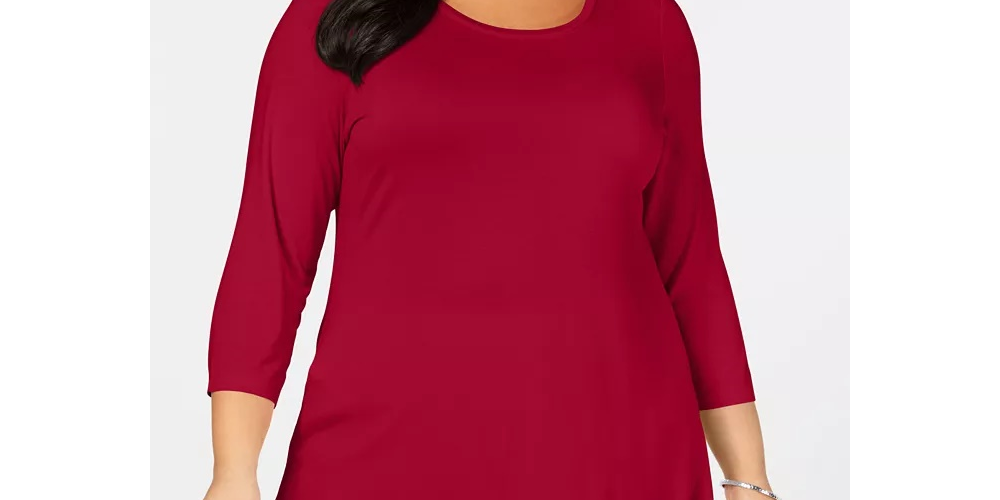 JM Collection Top feminino plus size com decote redondo, vinho, tamanho 2X