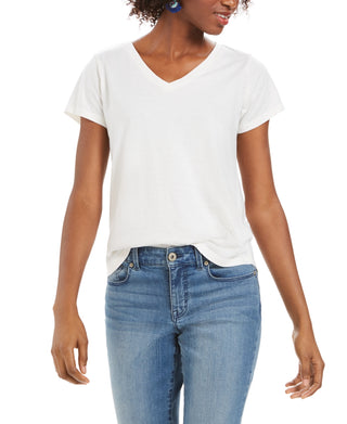 Style & Co Women's Burnout V Neck T-Shirt White Size Small
