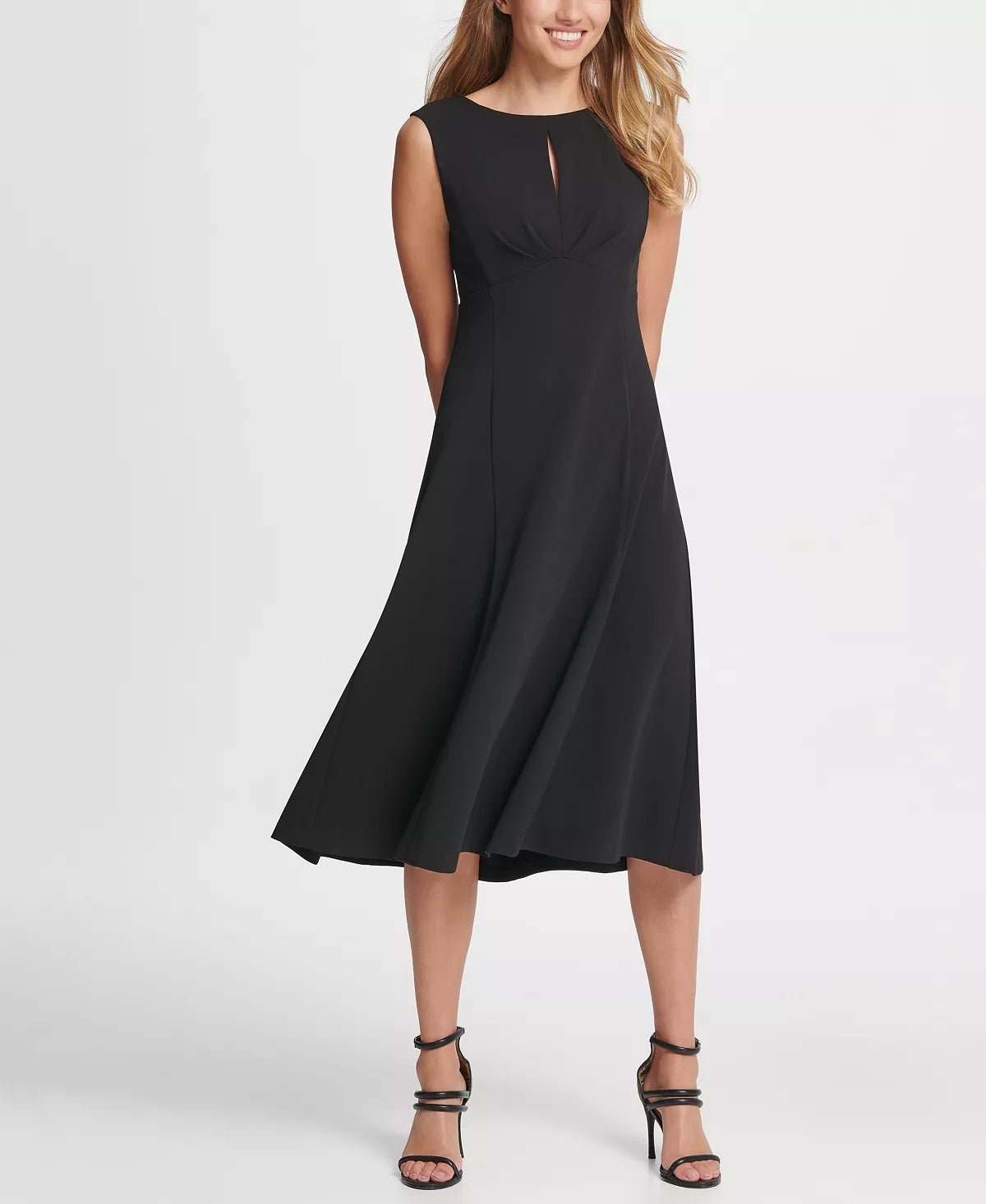 Vestido midi plissado com cintura império evasê DKNY feminino, preto, tamanho 8