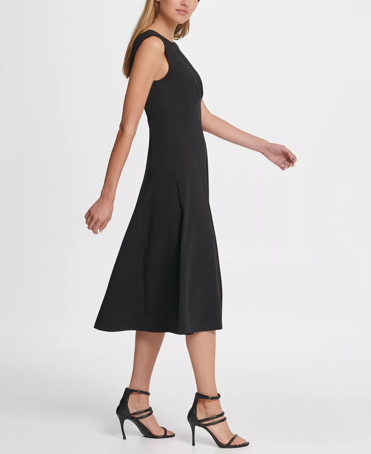 Vestido midi plissado com cintura império evasê DKNY feminino, preto, tamanho 8