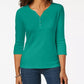 Karen Scott Top Henley de Algodão Feminino Branco Brilhante Tamanho Médio