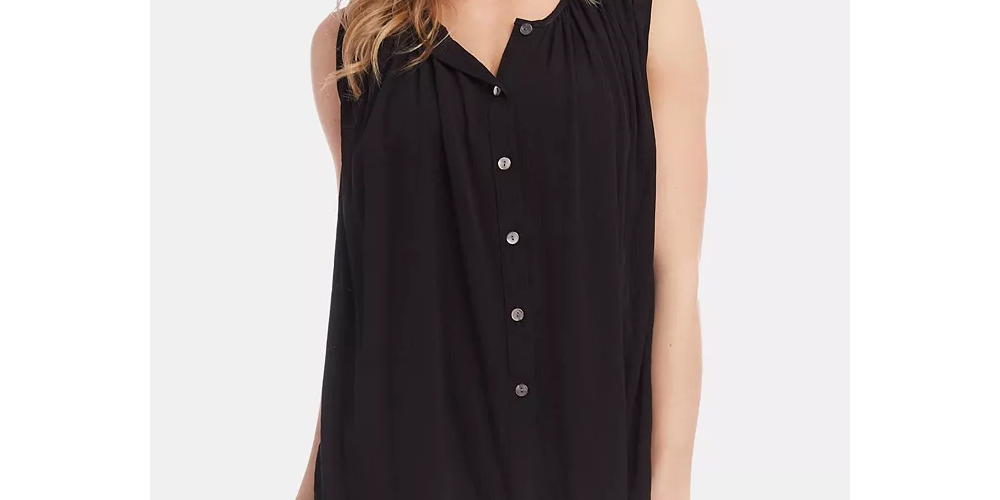 Karen Kane Blusa feminina franzida sem mangas com botões, preta, tamanho médio
