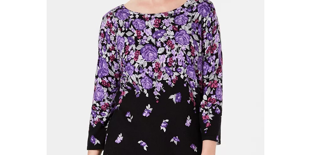 Karen Scott Suéter feminino estampado manga 3/4 azul tamanho pequeno G