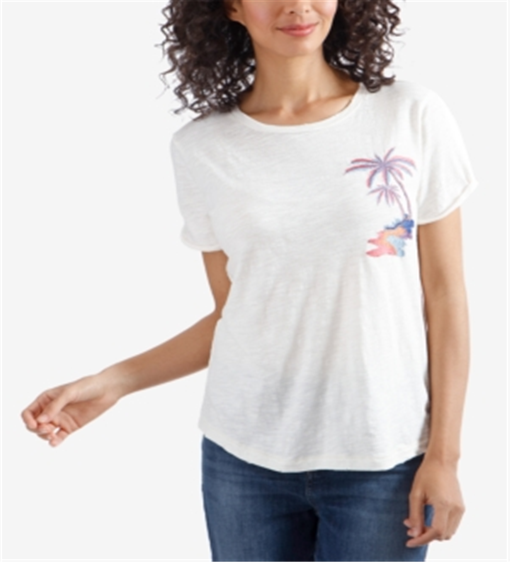 Camiseta feminina de manga curta com estampa gráfica Lucky Brand, branca, tamanho M