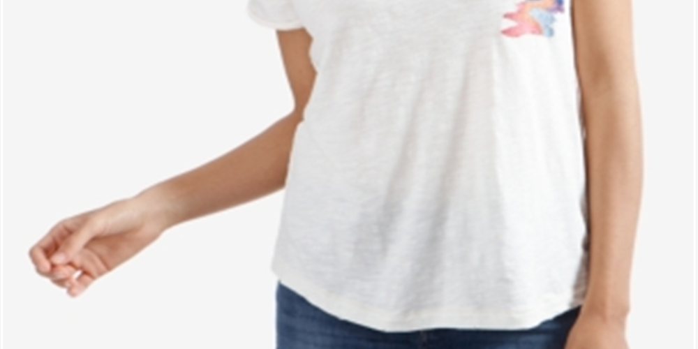 Camiseta feminina de manga curta com estampa gráfica Lucky Brand, branca, tamanho M