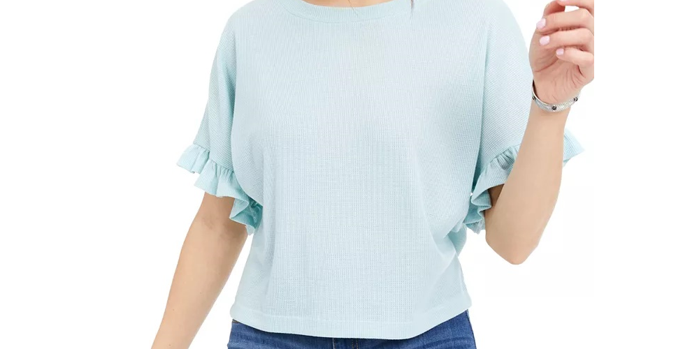 Gypsies &amp; Moondust Junior's Ruffle Trimmed Thermal Top Azul Tamanho Pequeno