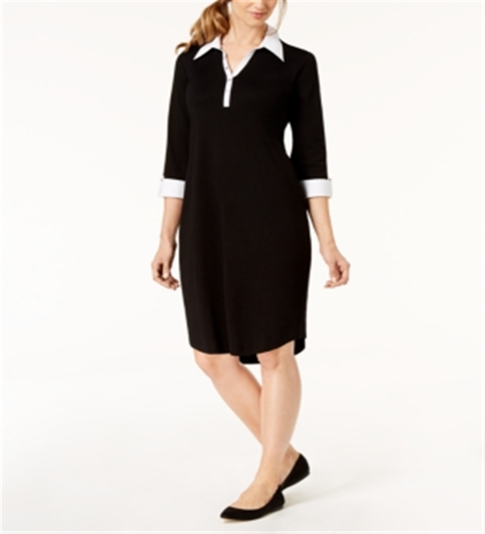 Vestido-camisa feminino Karen Scott de algodão com gola, preto, tamanho pequeno M