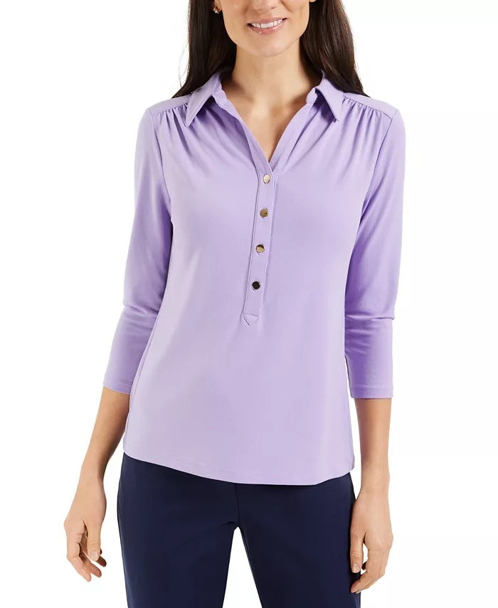 Camisa polo feminina Charter Club Petite com manga 3/4, preta, tamanho PL