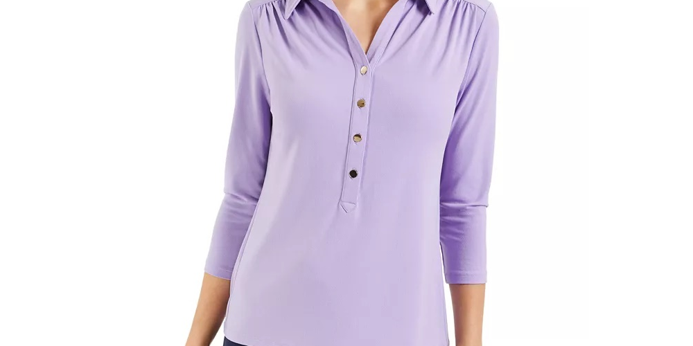 Camisa polo feminina Charter Club Petite com manga 3/4, preta, tamanho PL
