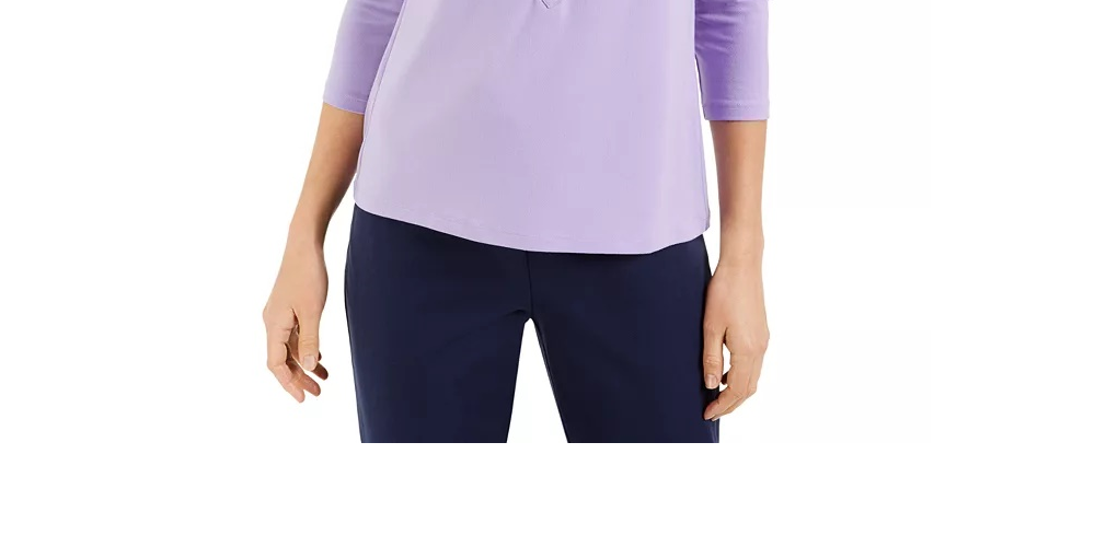 Camisa polo feminina Charter Club Petite com manga 3/4, preta, tamanho PL