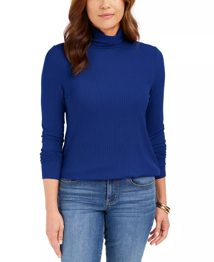 Blusa feminina Charter Club com gola alta canelada mesclada, azul, tamanho X-S
