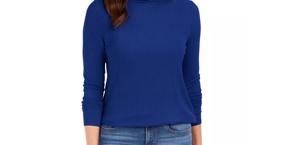 Blusa feminina Charter Club com gola alta canelada mesclada, azul, tamanho X-S