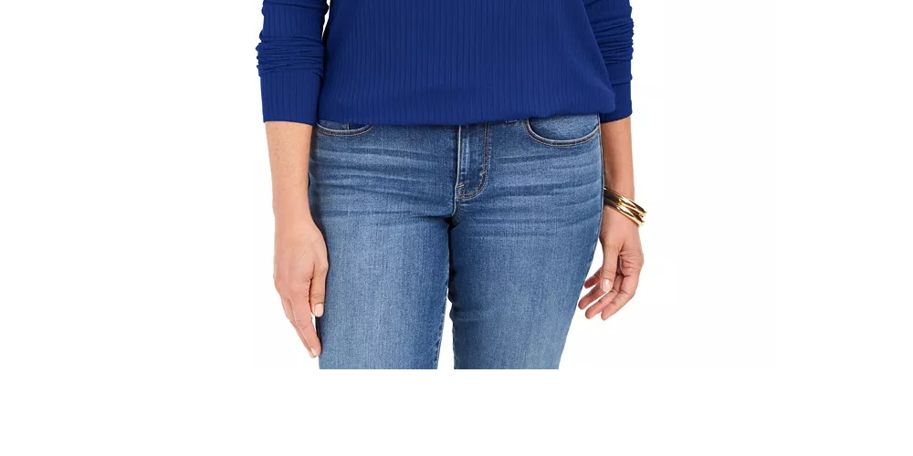 Blusa feminina Charter Club com gola alta canelada mesclada, azul, tamanho X-S