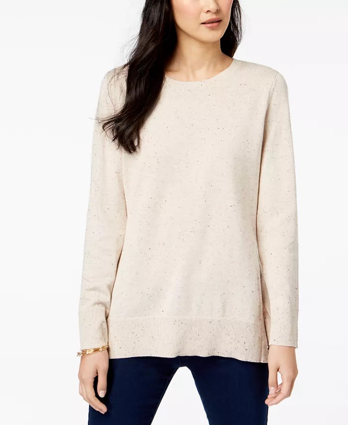 Suéter feminino Maison Jules de manga comprida com gola alta e estampa de joias, bege, tamanho grande