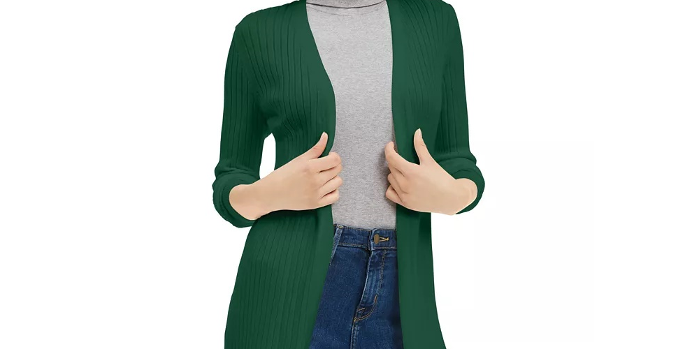 Cardigan feminino canelado aberto Maison Jules, verde, tamanho grande