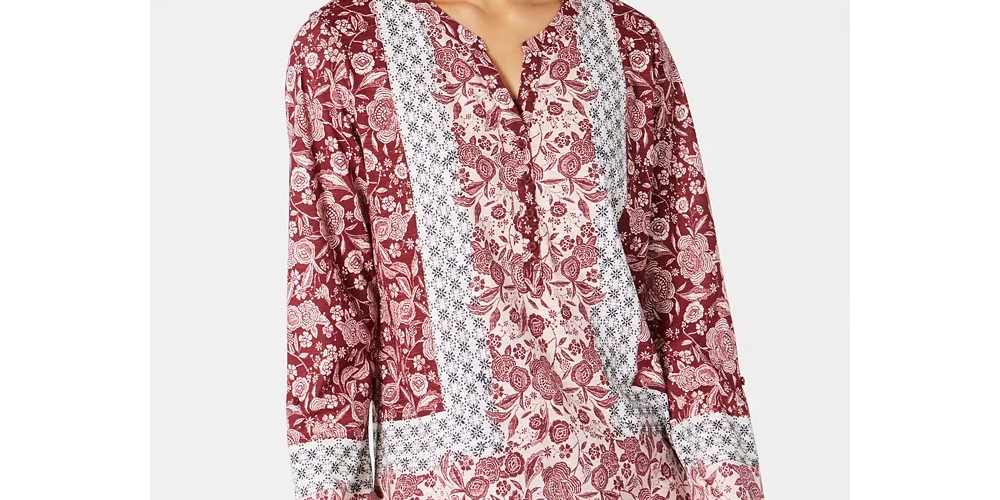 Blusa feminina estampada de manga comprida e decote em V, tamanho pequeno, vermelha, estilo &amp; co