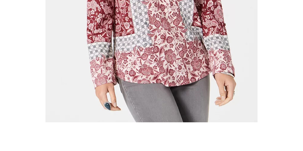 Blusa feminina estampada de manga comprida e decote em V, tamanho pequeno, vermelha, estilo &amp; co