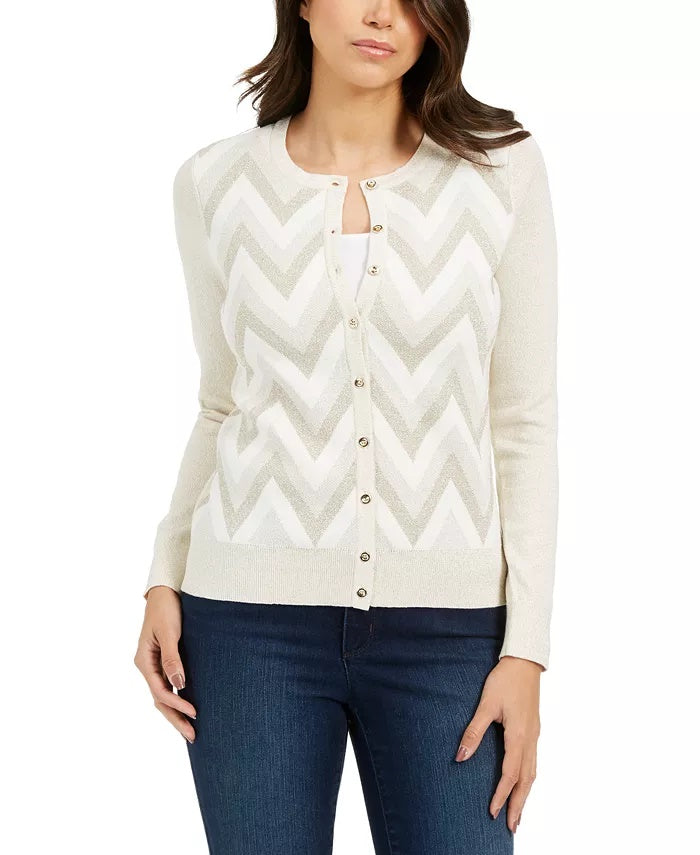 Cardigan feminino com estampa Chevron e fios metálicos Charter Club, tamanho creme, pequeno GG