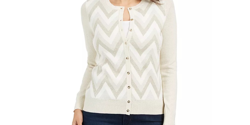 Cardigan feminino com estampa Chevron e fios metálicos Charter Club, tamanho creme, pequeno GG