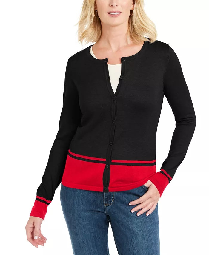 Karen Scott Cardigan Feminino com Barra Colorida Azul Tamanho Pequeno P