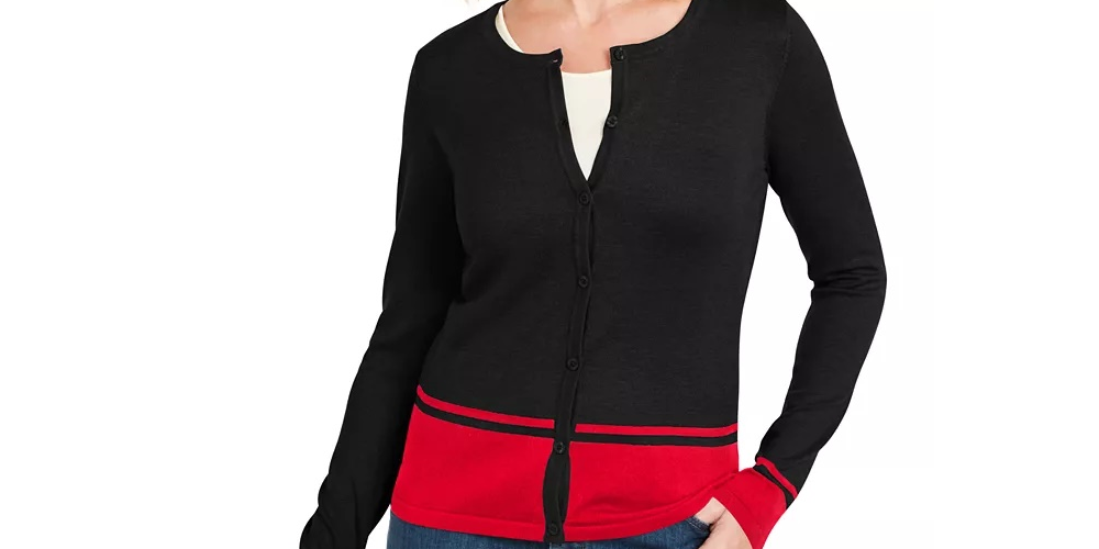 Karen Scott Cardigan Feminino com Barra Colorida Azul Tamanho Pequeno P
