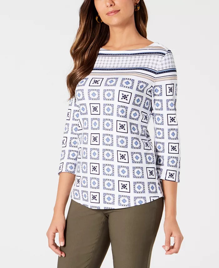 Charter Club Blusa feminina estampada com manga 3/4, branca, tamanho pequeno G