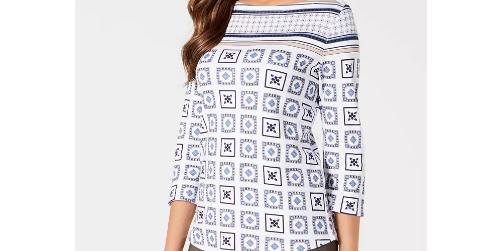 Charter Club Blusa feminina estampada com manga 3/4, branca, tamanho pequeno G