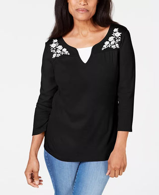 Blusa feminina Karen Scott de algodão bordado com camadas, tamanho pequeno, castanho, tamanho G